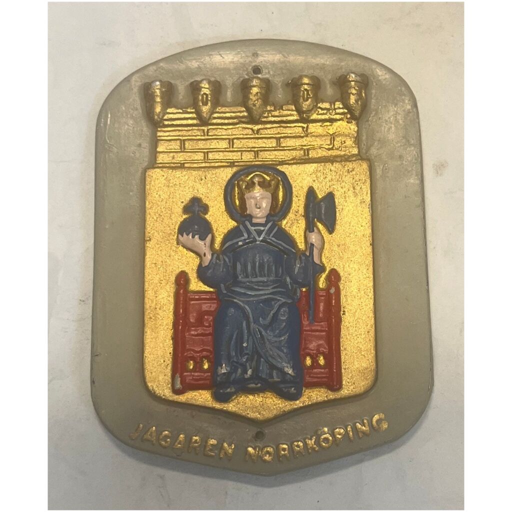 Jagaren Norrköping HMS Östergötland vapensköld landskapssköld ca 13,5x10cm