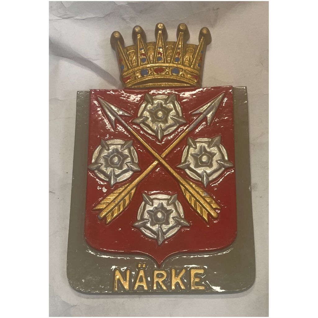 Närke vapensköld landskapssköld i gjutmetall ca 26x16 cm