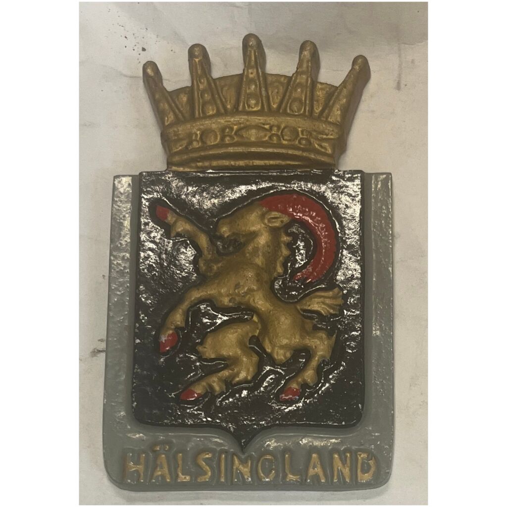 Hälsingland vapensköld landskapssköld i gjutmetall ca 16x10 cm