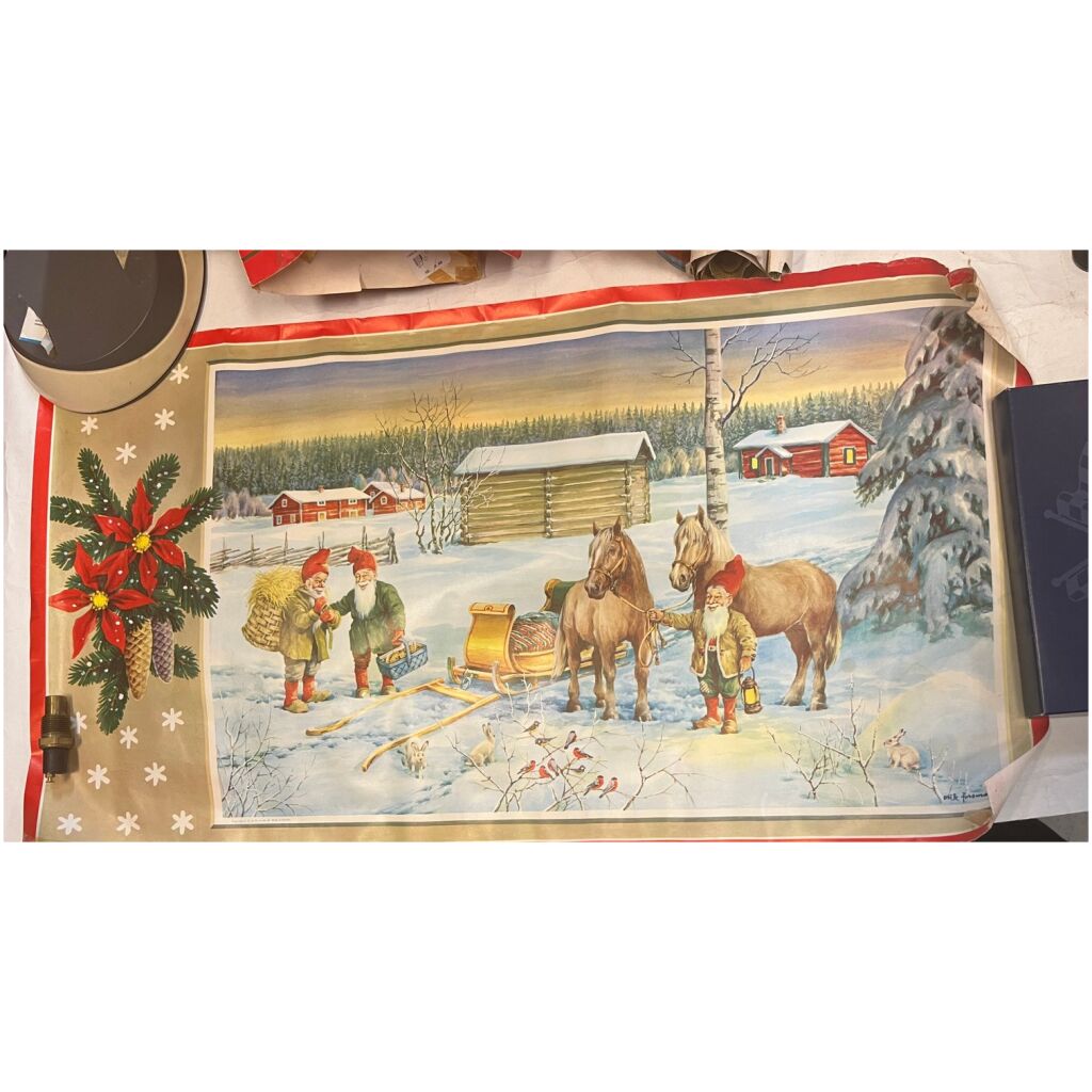 Gammal julbonad papper 79x45cm Erik Forsman tomtar & hästar