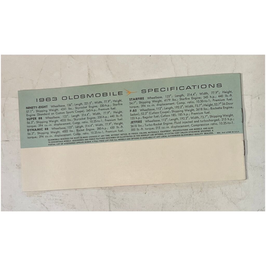 Liten ovanlig försäljningsbroschyr 20x9cm Oldsmobile 1963 16 sidor