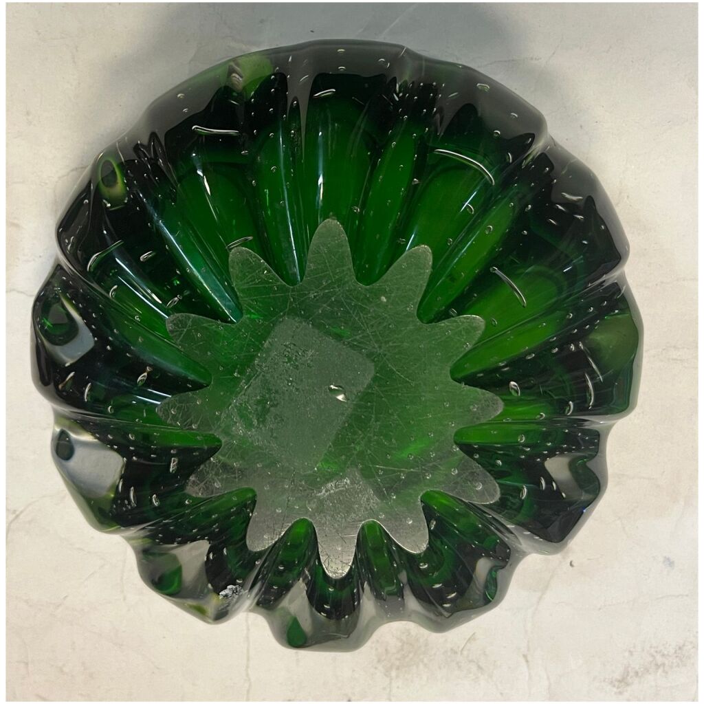 Askkopp i grönt bubbligt tjockt tungt glas 1,7kilo 16x7cm Murano Bubble Italien