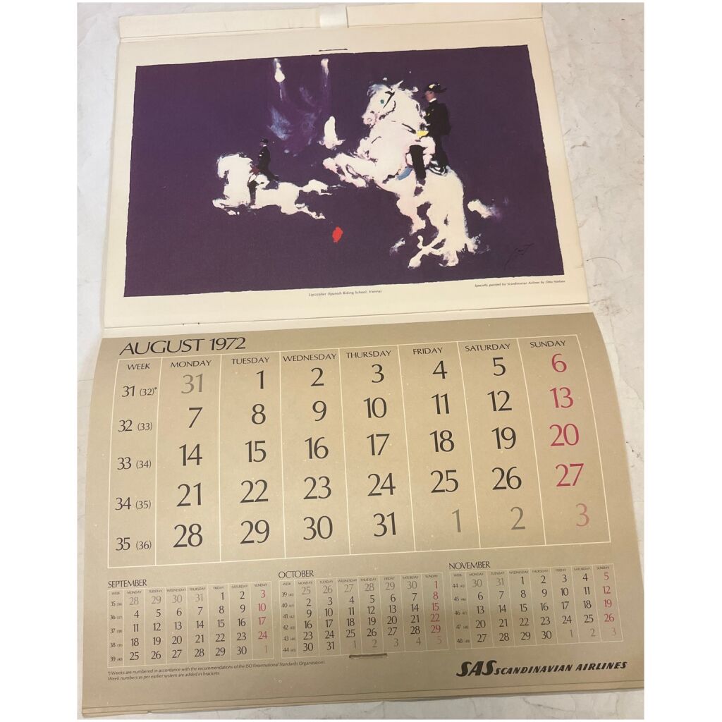 Kalender almanacka SAS Scandinavian Airlines 1972 flygplan 12 mån hästar
