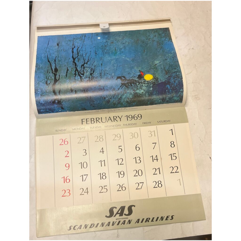 Kalender almanacka SAS Scandinavian Airlines 1969 flygplan 12 mån hästar