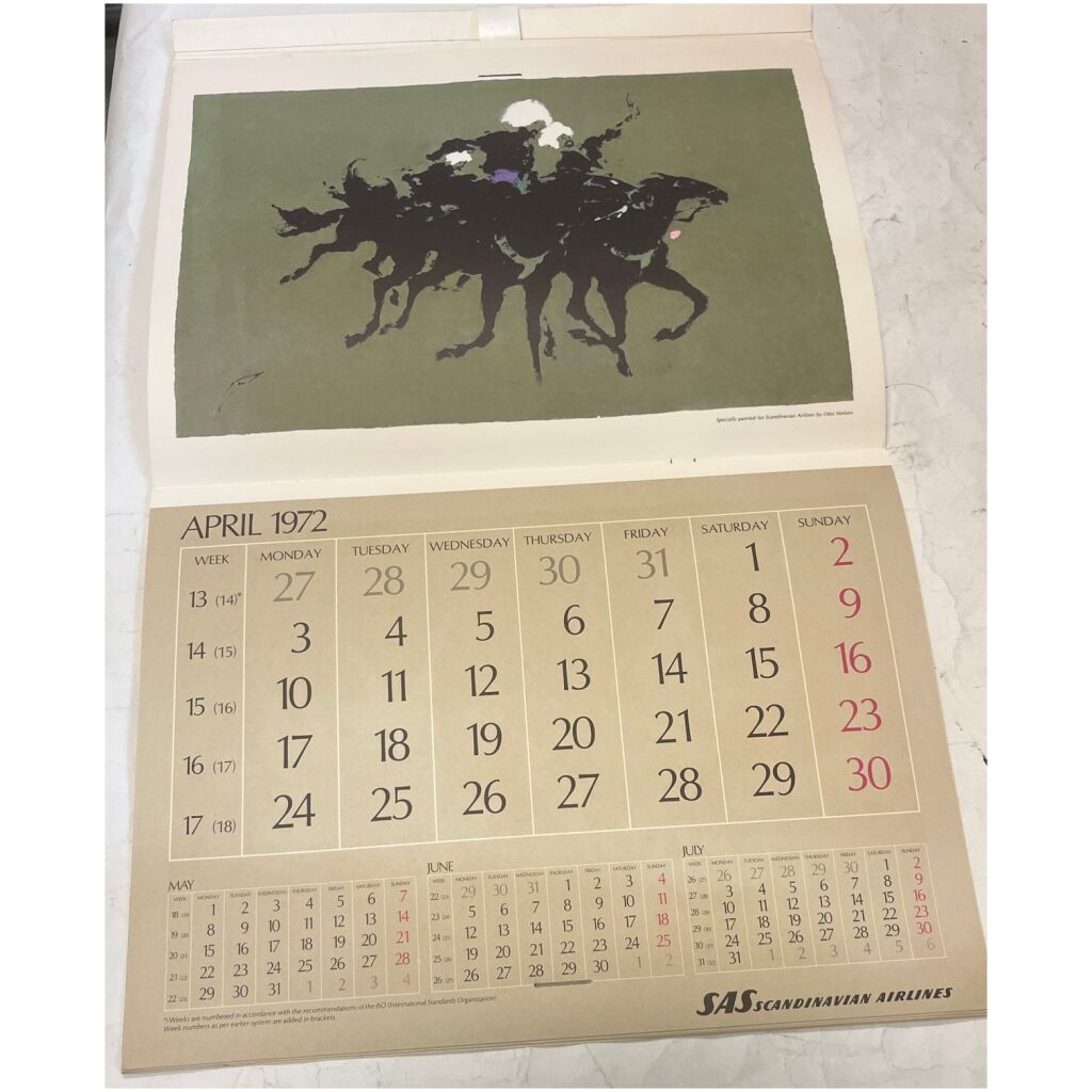 Kalender almanacka SAS Scandinavian Airlines 1972 flygplan 12 mån hästar