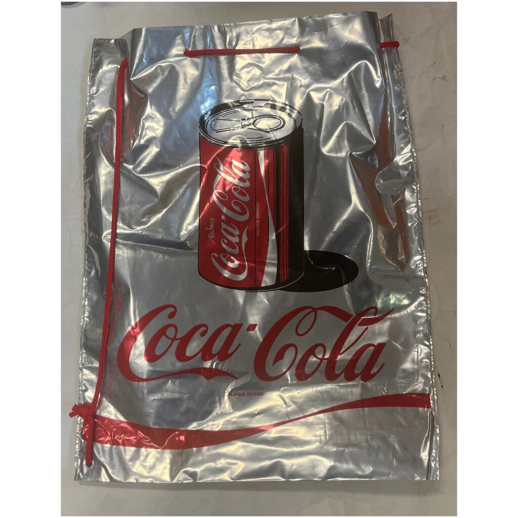 Väska påse bag 50x40cm med dragrem , silver & Coca-Cola reklam på båda sidor