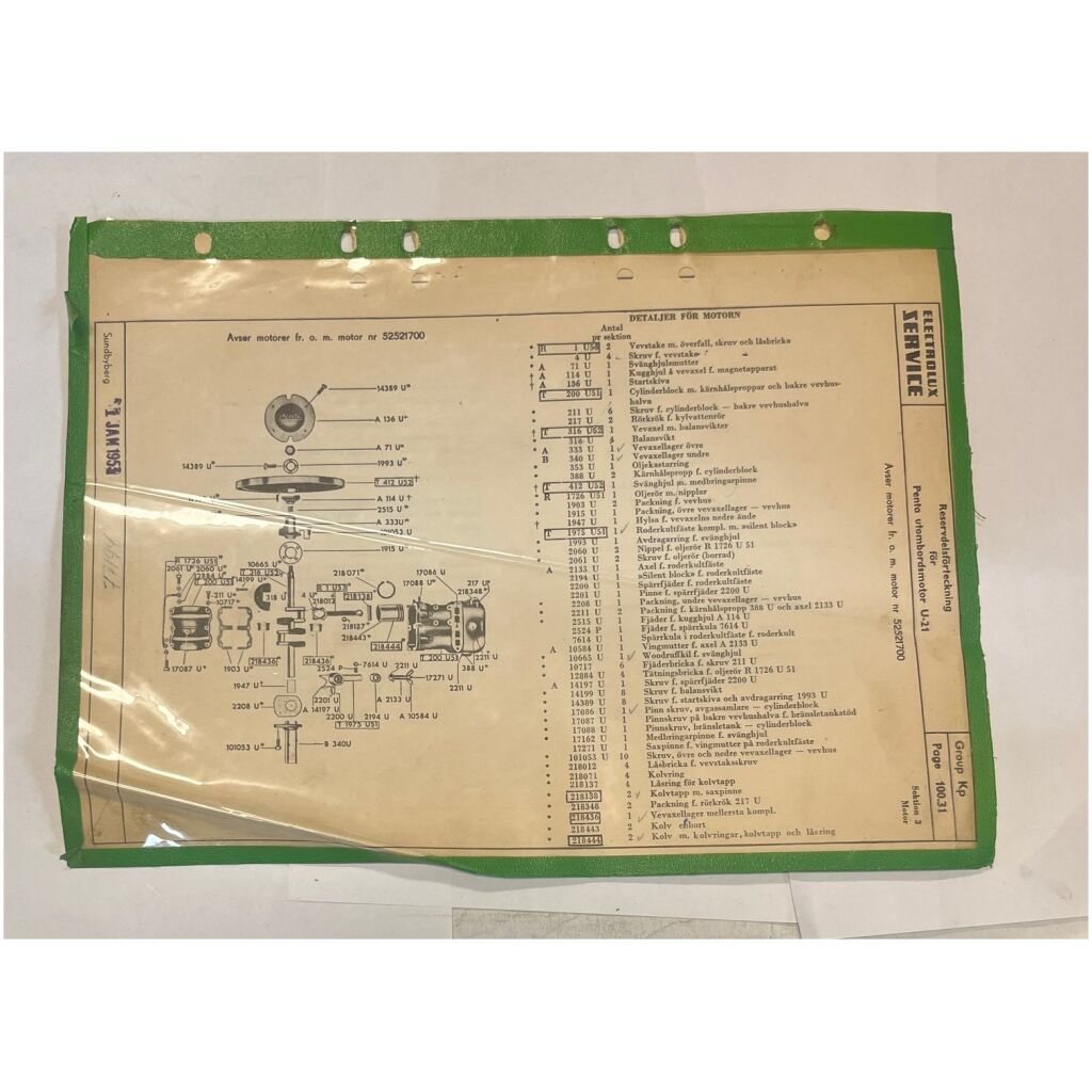 Reservdelsförteckning Penta utombordsmotorer U-21 Electrolux Service 1952-01-01