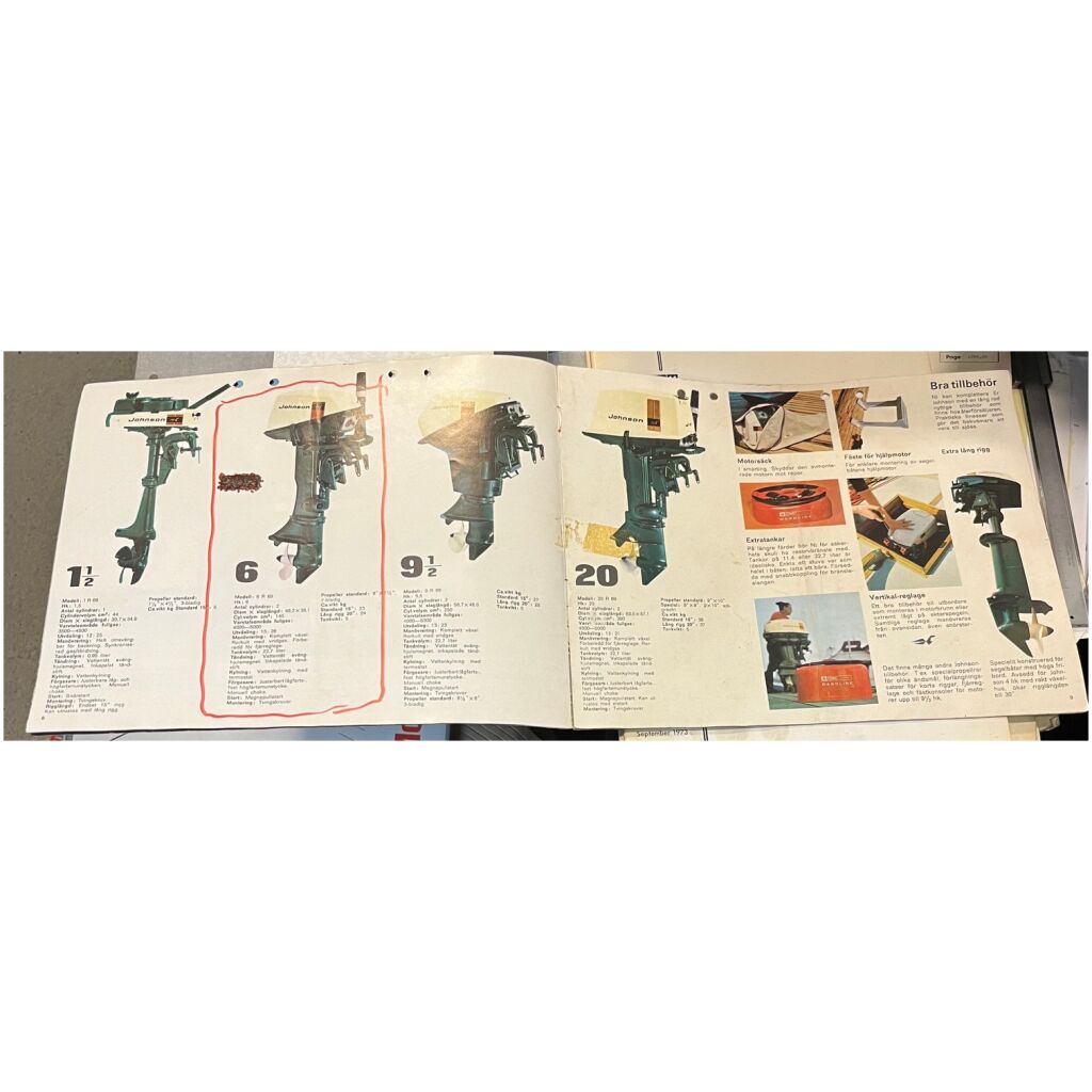 Broschyr Johnson 1-1/2-210hk 1969 utombordare svenska 23 sidor begagnad