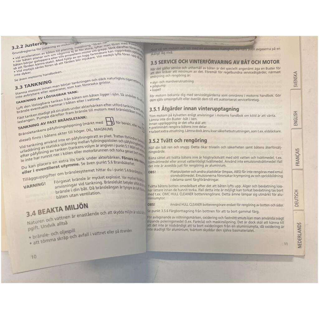 Ägarens handbok instruktionsbok Buster utombordare svenska mfl 27sidor per språk