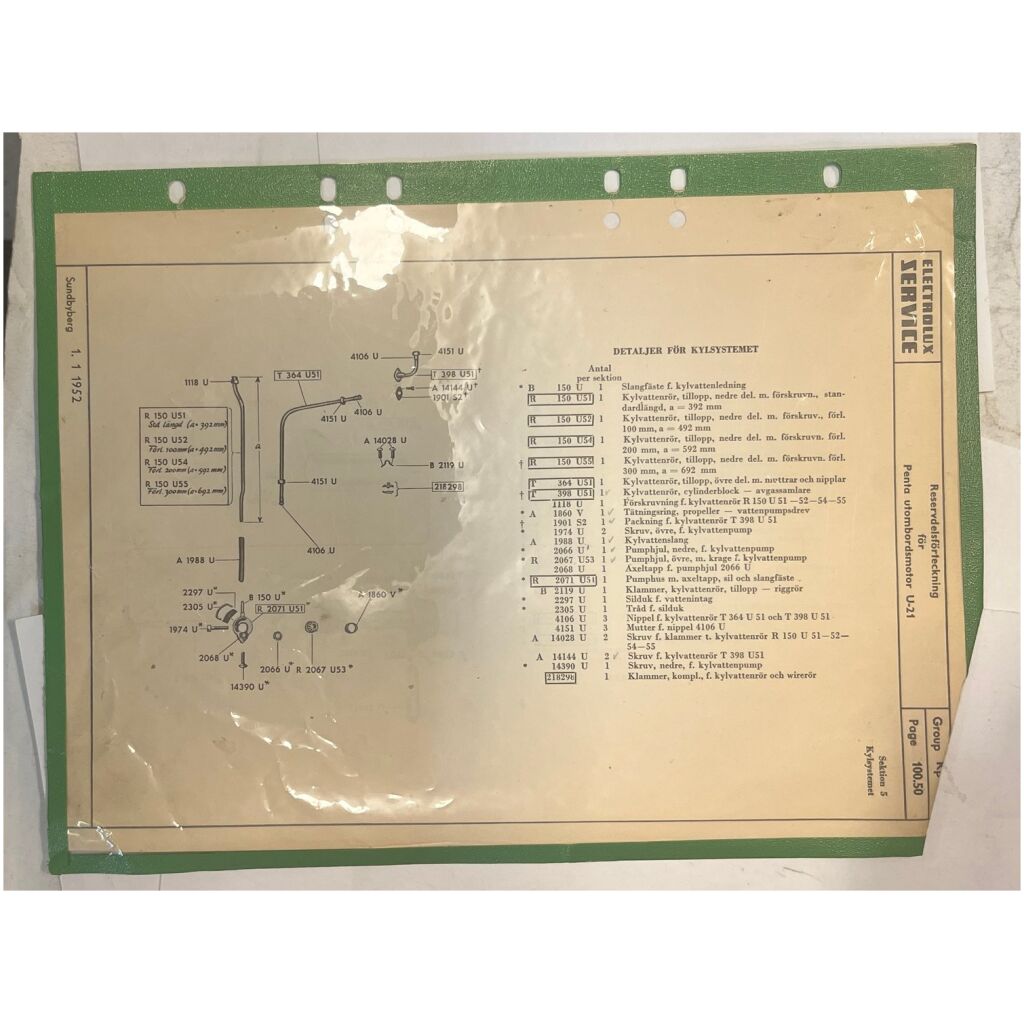 Reservdelsförteckning Penta 1952 U-21 utombordare svensk 2 sidor begagnad