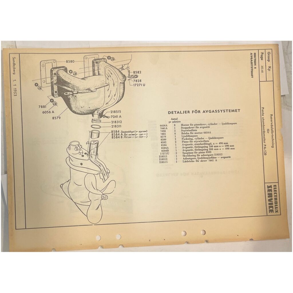 Reservdelsförteckning Penta 1953 PA-120 utombordare svensk 2 sidor begagnad