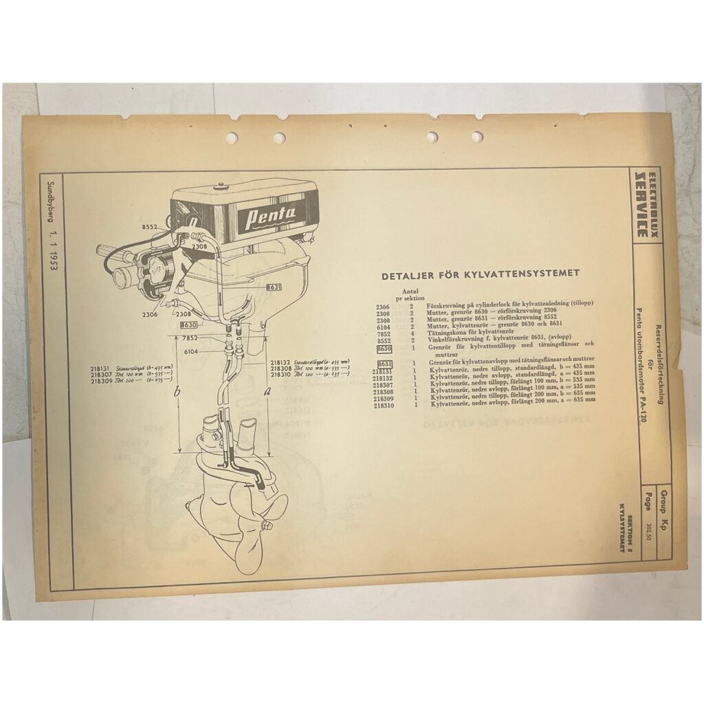 Reservdelsförteckning Penta 1953 PA-120 utombordare svensk 2 sidor begagnad