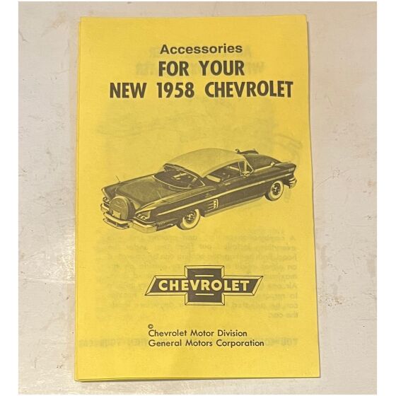 Liten ovanlig försäljningsbroschyr 15cm hög Chevrolet dealer 1958 Accessories