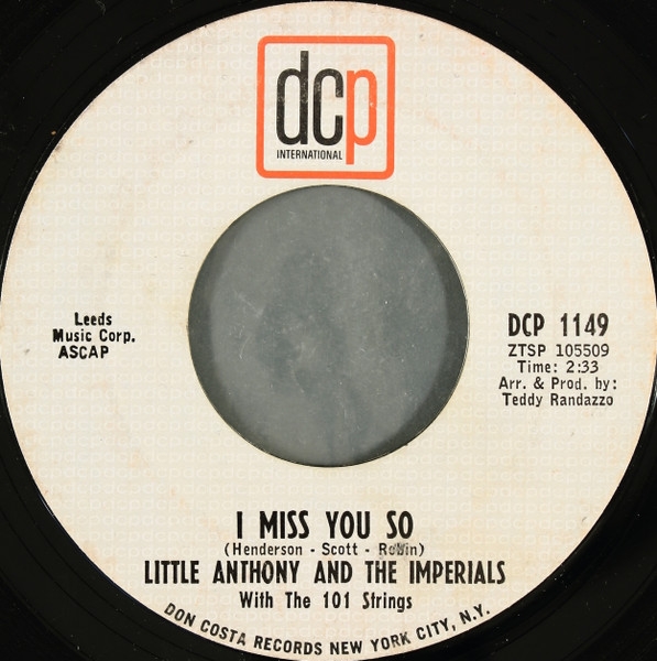 Little Anthony And The Imperials* - I Miss You So (7, Mono, Styrene, Pit)