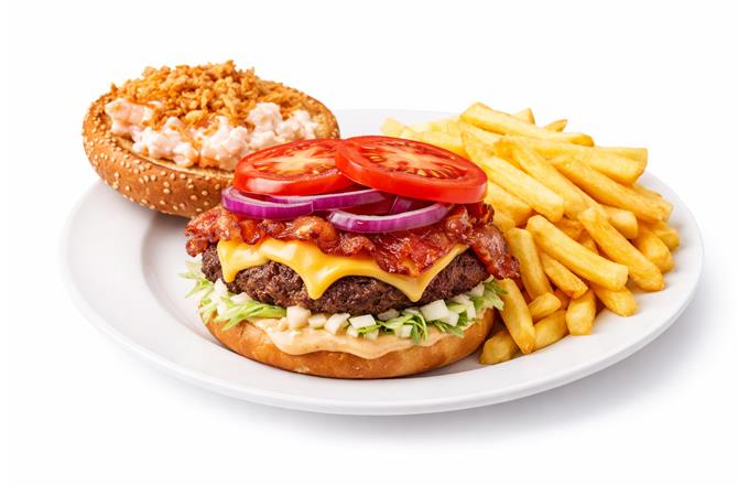 331 Mål med ost- och baconburgare, räksallad och strips