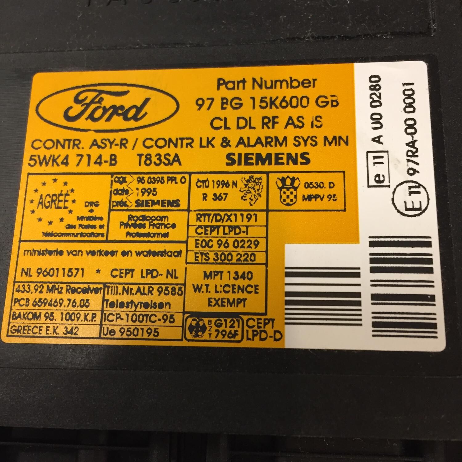 NOS MODUL BOX CENTRALLÅS MED ALARM , FORD MONDEO 1,6-2,5L 1996-98, FORD 1053372 - Bild 2