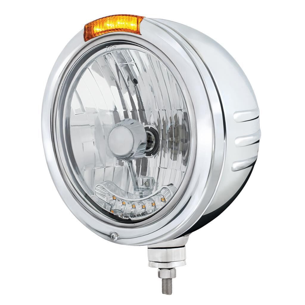 Stainless Steel Bullet Embossed Stripe Headlight H4 With 6 Amber LEDs & Dual Mode LED Signal