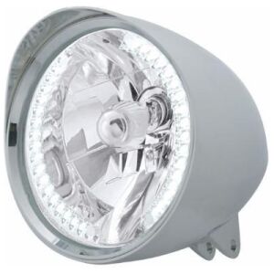 Motorcycle Chrome "Chopper" Headlight With Smooth Visor H4 Bulb With 34 White LED