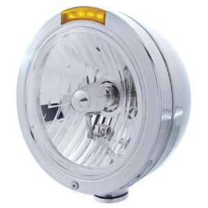 Stainless Steel Bullet Classic Headlight Assembly With Crystal H4 Bulb & LED Turn Signal