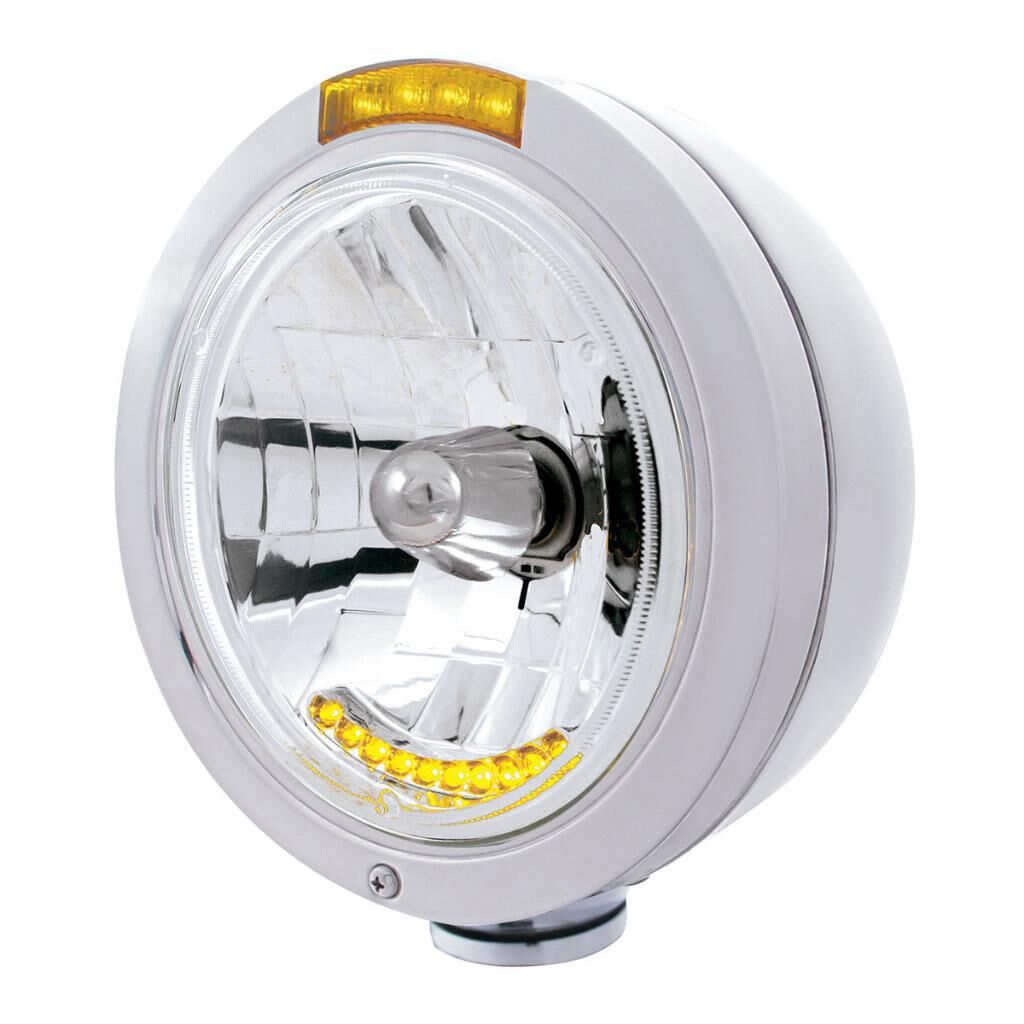 Stainless Steel Bullet Classic Headlight H4 With 10 Amber LED & LED Turn Signal