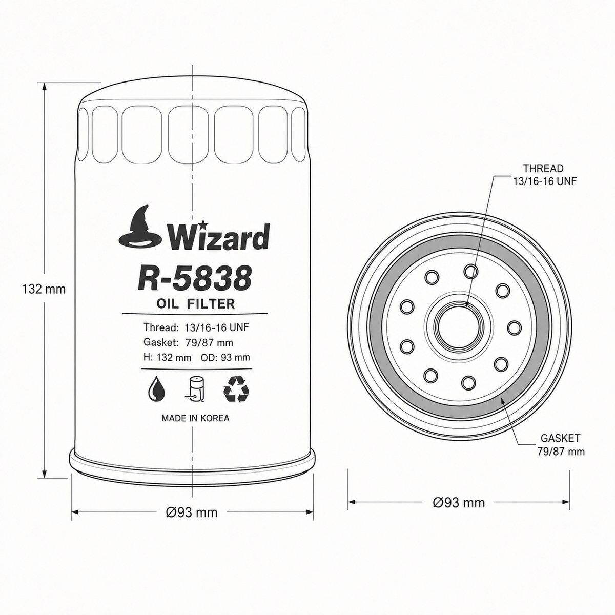 OLJEFILTER SPIN-ON 13/16-16 P=79/87 H=132 D=93 Wizard R-5838 Chevrolet GMC Hummer Isuzu